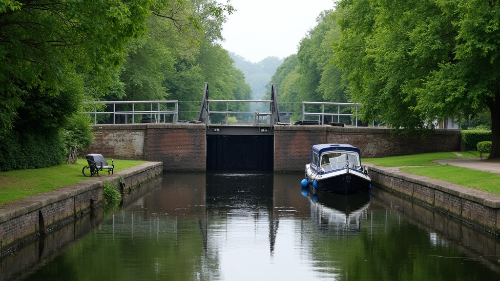 A calm canal with a lock mechanism, surrounded by greenery and a small boat waiting in front of the lock gate.
