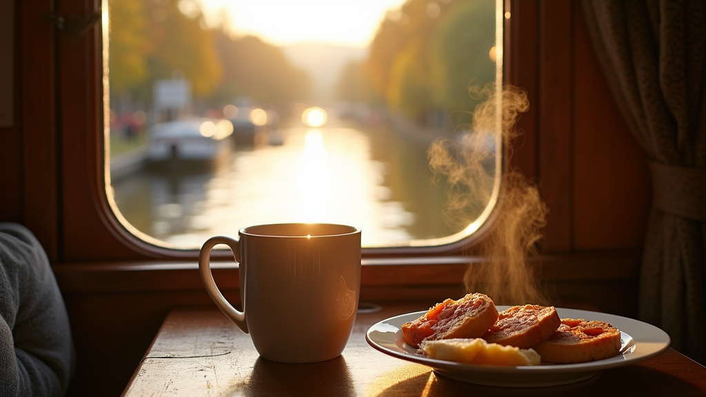 A cozy narrowboat galley breakfast scene with a steaming mug of tea and a plate of fresh breakfast, sun streaming through the window, and gentle river reflections.