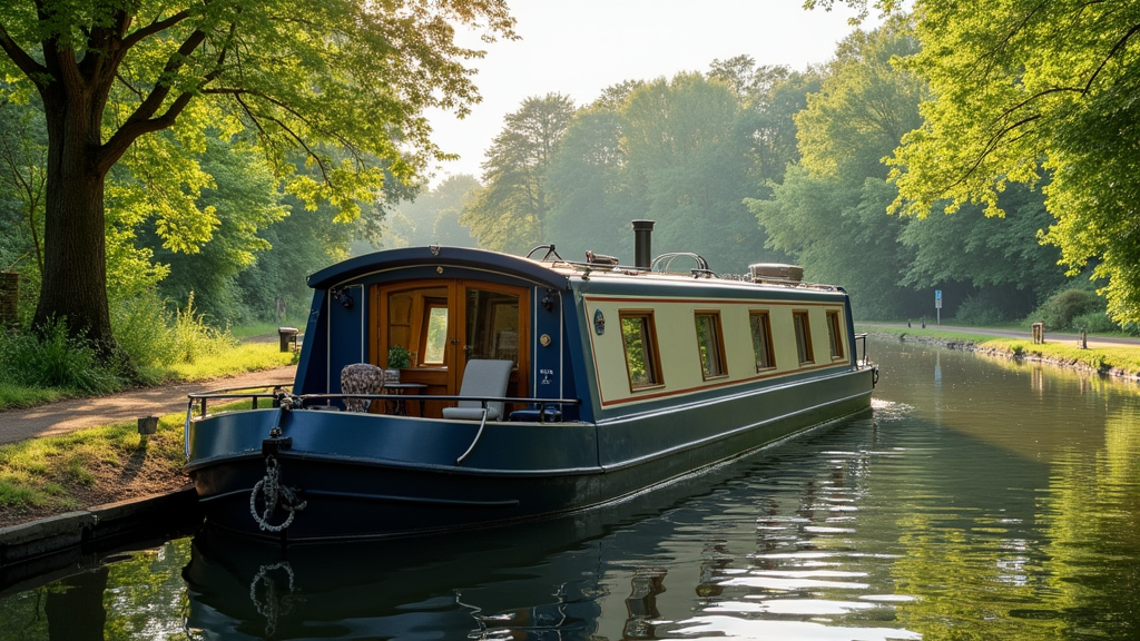 A modern family narrowboat moored on a peaceful canal with lush greenery in the background