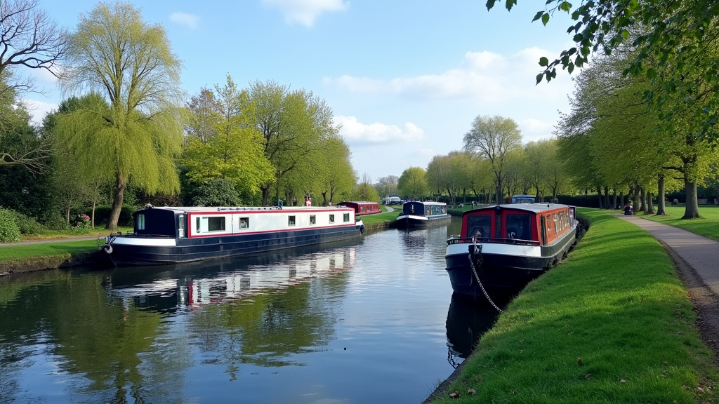 A peaceful canal scene with new and used narrowboats moored side by side under a blue sky, surrounded by lush greenery and calm water.