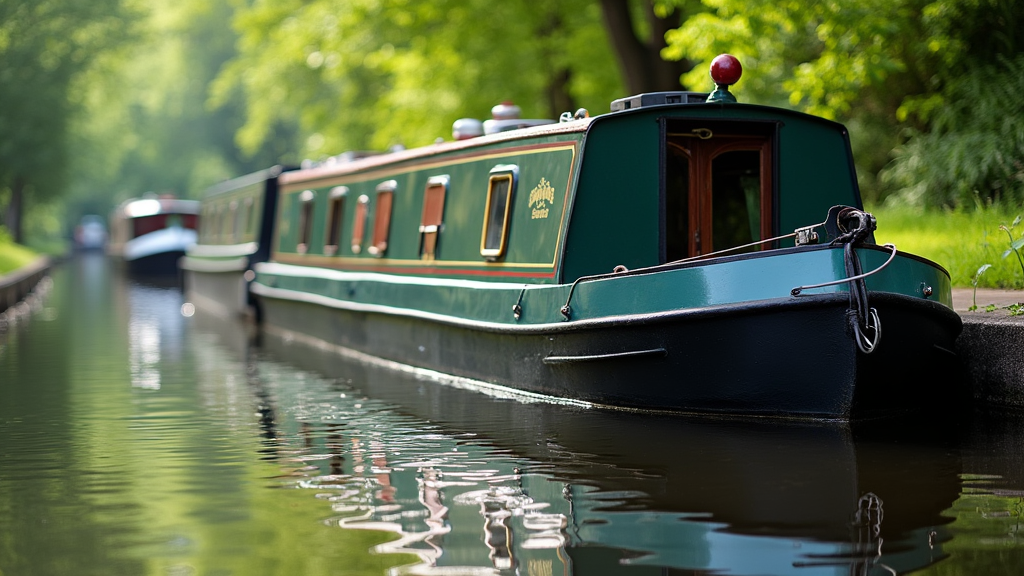 A peaceful narrowboat moored on a calm canal with lush greenery.