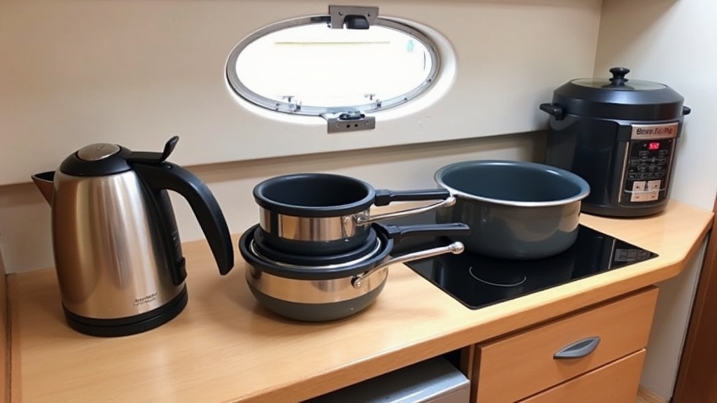 Compact cookware setup on a narrowboat kitchen counter, showing nesting pots, a stovetop kettle, and a multi-cooker.