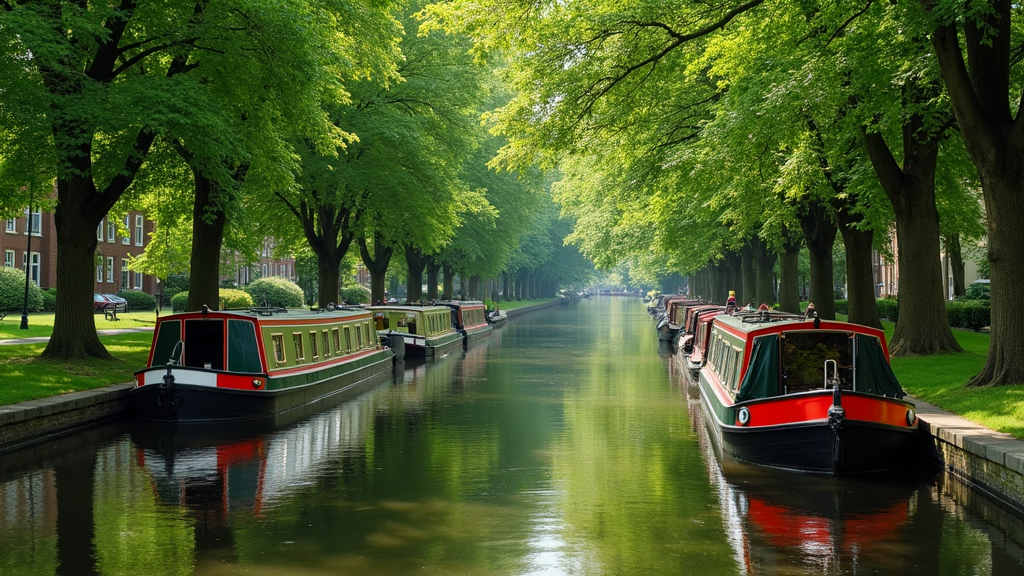 Narrowboat cruising along calm canal with green foliage and reflections on water