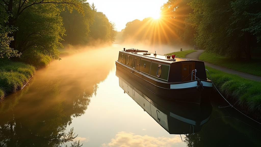 Narrowboat moored along a peaceful canal at sunrise