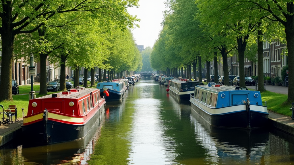 Narrowboats moored along a calm canal, surrounded by nature and reflecting water, under a cloudy sky
