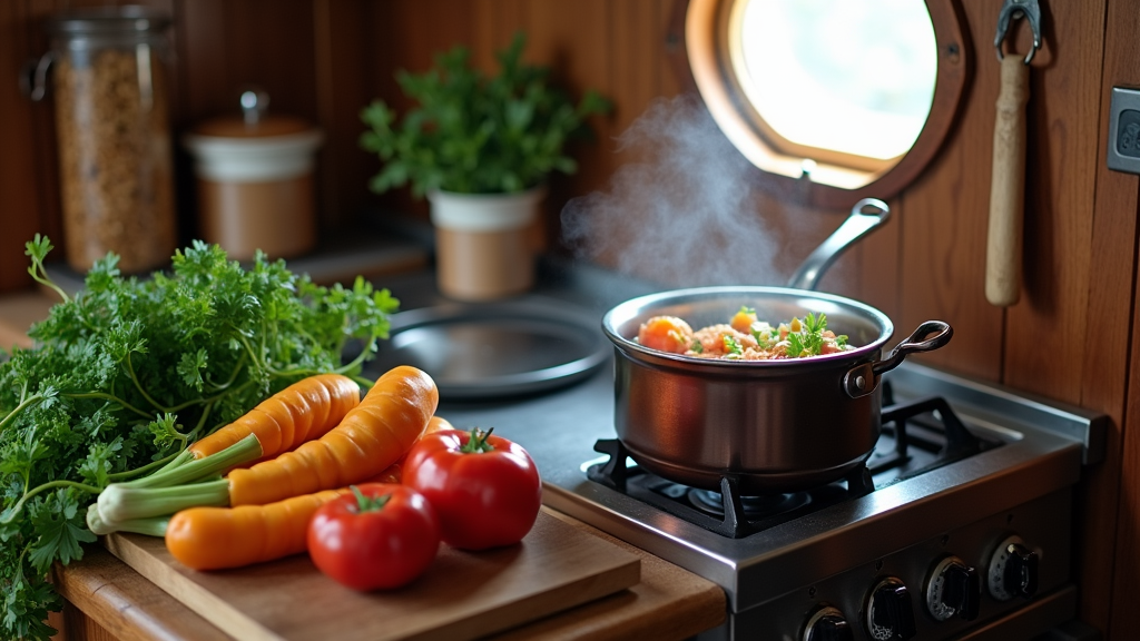 One-pot meal on a stove in a narrowboat kitchen.