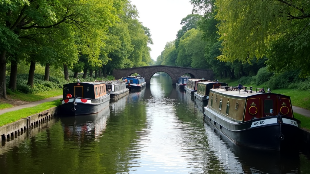 View of a peaceful UK canal with narrowboats moored along the bank, overhanging trees, and a traditional stone bridge in the background.